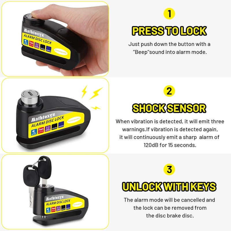 Mathtoxyz Motorcycle Lock Rechargeable, 120dB Alarm Disc Brake Locks Anti-Theft Security Wheel Disc Lock Waterproof with 5ft Reminder Cable and Carry Pouch for Motorbike Bike Scooter - Image 5